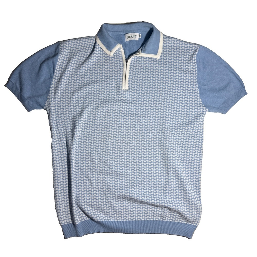 Mens 70S Mod 1/4 Zip Knit Sweater Polo Size XXL Blue Diamond Pattern Retro Slim